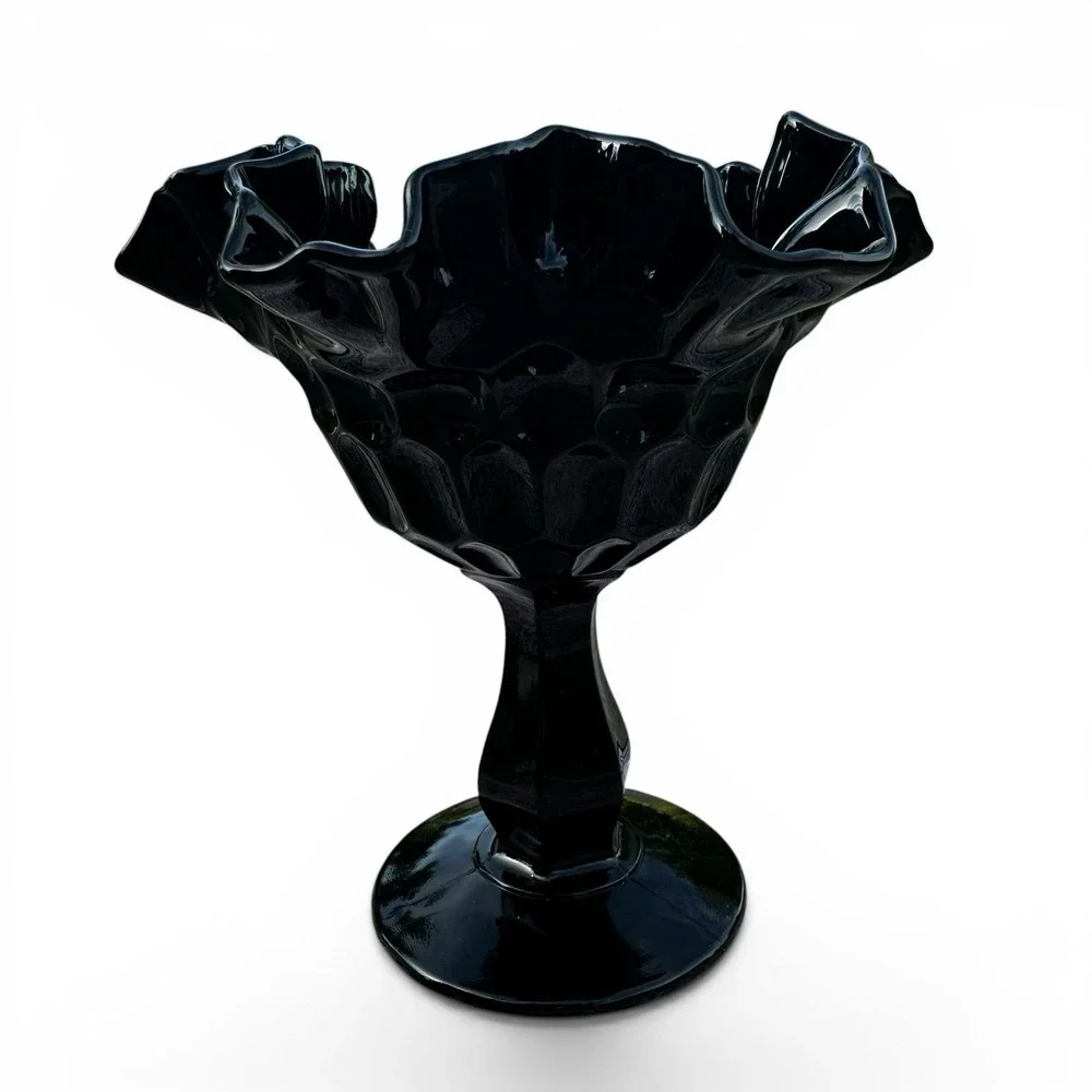 Vintage Fenton Black Glass Thumbprint Ruffle Bowl 6